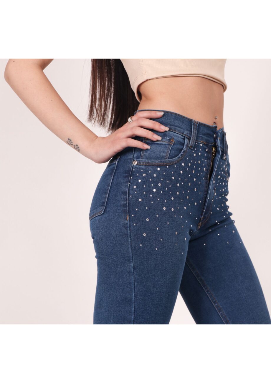 Skinny elastizado con strass azul ruedo normal