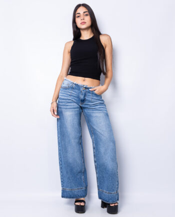 Wide leg rigido Blue stone localizado Frayed waist tiro bajo con recorte en botapie