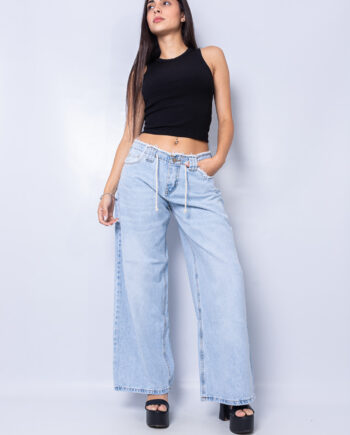 Wide leg nevado rígido tiro Bajo con cordón Frayed waist