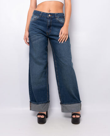 Straight Jeans tiro medio rígido matizado with turn-up hems