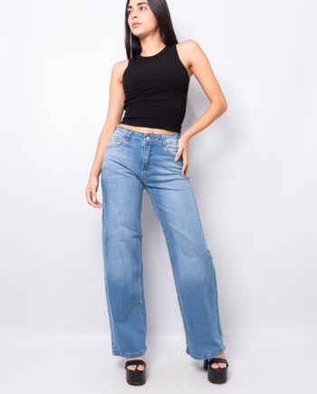 Wide leg elastizado tiro medio azul localizado