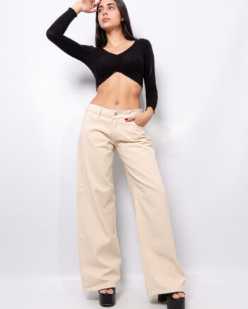 Wide Leg rígido Beige Tiro bajo ruedo normal