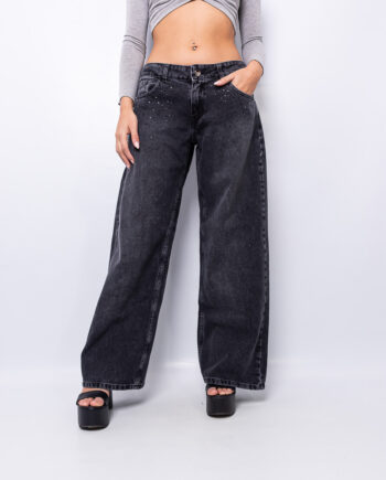 Wide leg rígido tiro bajo nevado black con strass