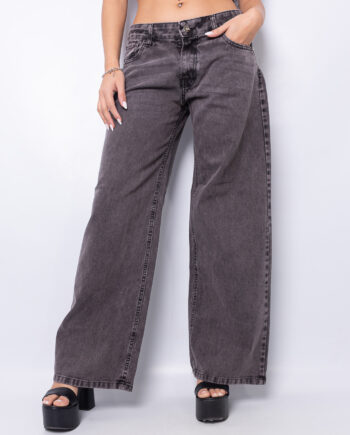 Wide leg Gris nevado rígido tiro bajo ruedo normal