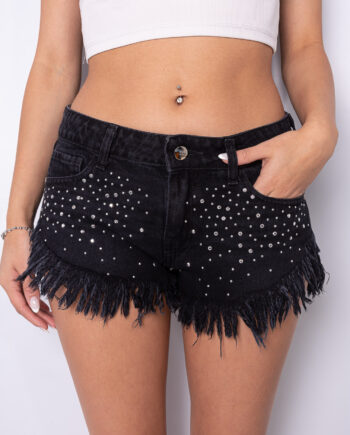 Short rígido black con Strass tiro bajo ruedo desflecado