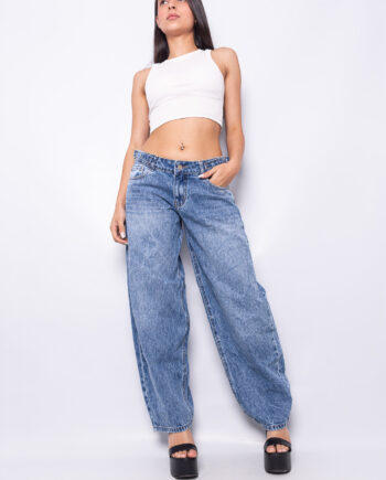 Baggy Azul nevado rígido tiro bajo con Hebilla lateral