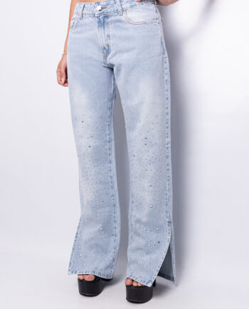 Jean recto CELESTE nevado HOT FIX lateral con tajo ruedo normal