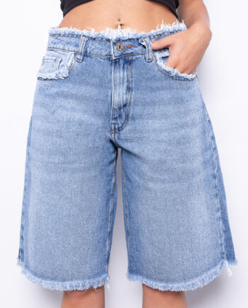 Bermuda rígido Frayed Waist Azul localizado ruedo Desflecado