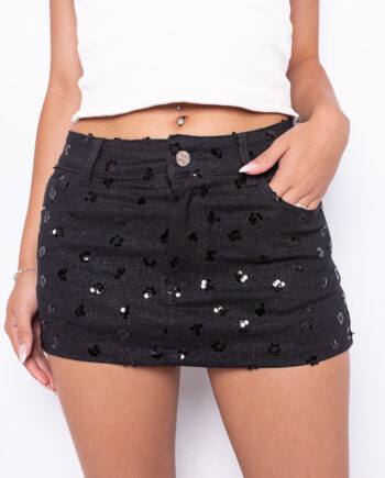 MINI POLLERA ELASTIZADO BLACK CON LENTEJUELAS RUEDO NORMAL