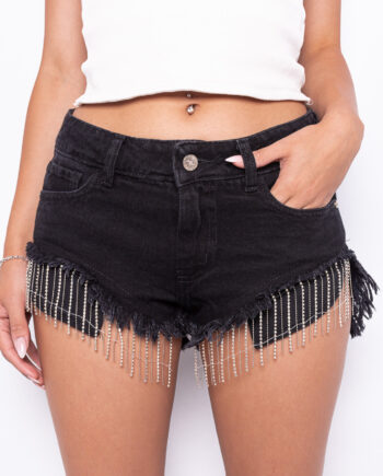 SHORT RÍGIDO TIRO BAJO BLACK CON CADENAS RUEDO DESFLECADO