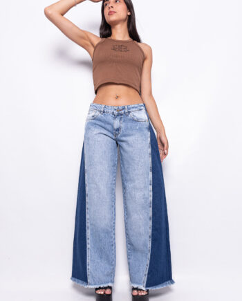 Wide Leg Azul Nevado Tiro Bajo ruedo desflecado