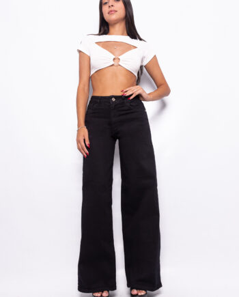 Wide Leg Black Elastizado Tiro Medio Ruedo Normal