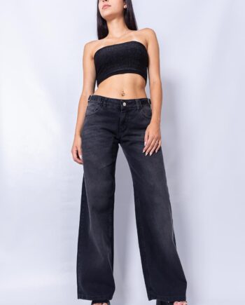 Wide Leg Tiro Bajo Negro Doble Stone Localizado con Hebillas Ruedo Normal