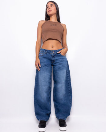 Baggy Rígido Tiro Bajo Azul Localizado con Bigotes y Ruedo Normal