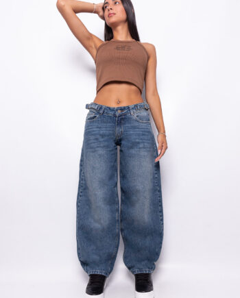 Baggy Rígido Tiro Bajo Azul Matizado con Hebillas y Ruedo Normal