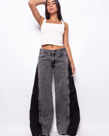 Wide Leg Tiro Bajo Negro Nevado con Recorte y Ruedo Desflecado