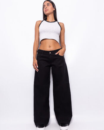 Wide Leg Tiro Bajo Negro con Hebillas Ruedo Normal