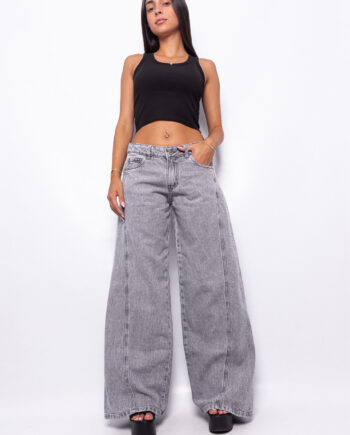 Wide Leg Tiro Bajo Gris Nevado con Recorte Ruedo Normal