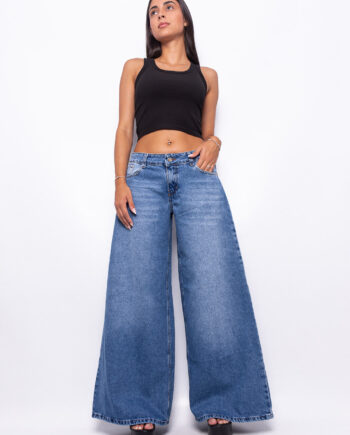 Super Wide Leg Tiro Bajo Azul Nevado con Bordado en Bolsillos Ruedo Normal