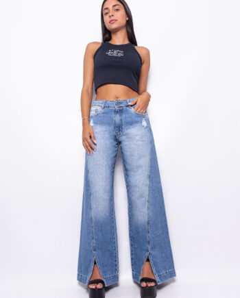 Wide Leg Tiro Medio Azul Localizado con Tajo y Roturas Ruedo Normal