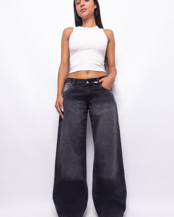 Wide Leg Tiro Bajo Negro Doble Stone Localizado con Hebillas Ruedo Normal