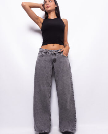 Wide Leg Tiro Bajo Negro Nevado Ruedo Normal