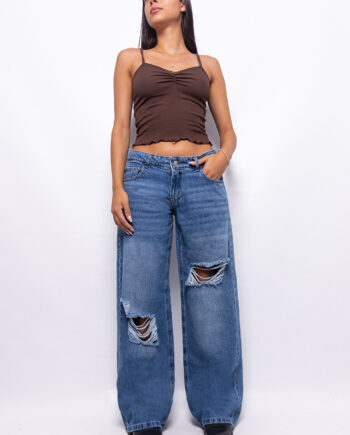 Wide Leg Tiro Bajo Azul Localizado con Roturas y Bigotes Ruedo Normal