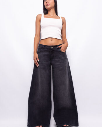 Super Wide Leg Tiro Bajo Negro Doble Stone Localizado Bordado en Bolsillos Ruedo Normal