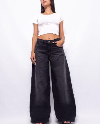 Super Wide Leg Tiro Medio Negro Doble Stone Localizado Ruedo Normal
