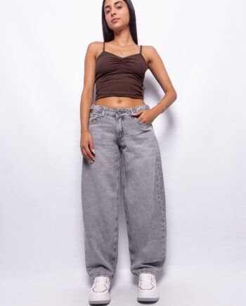 Baggy Rígido Tiro Bajo Gris Nevado con Hebillas y Ruedo Normal