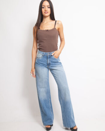 Wide Leg Tiro Medio Azul Localizado con Roturas Ruedo Normal