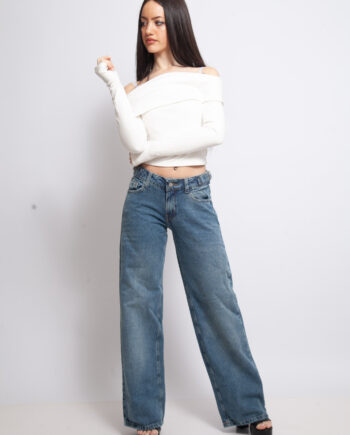 Wide Leg rígido Tiro Bajo Azul Matizado con Hebillas Ruedo Normal