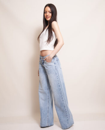 Wide leg rígido tiro bajo celeste nevado con STRASS
