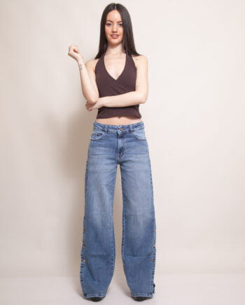 Wide Leg Tiro medio Azul Nevado Elastizado PREMIUM con botones laterales