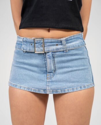 Short pollera Elastizado Tiro Bajo Celeste nevado con Hebilla ruedo normal