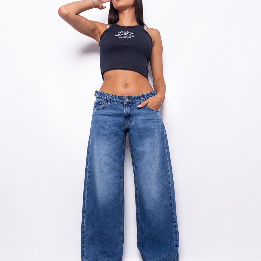 Wide Leg Tiro Bajo Azul Localizado con Hebillas Ruedo Normal