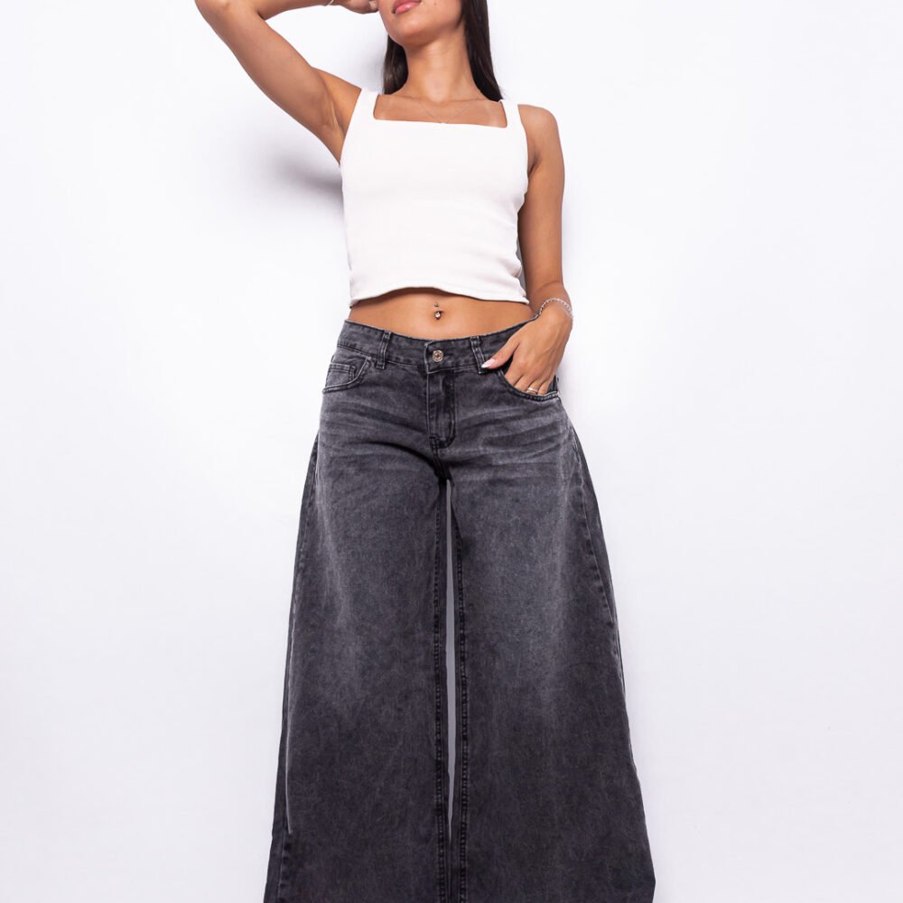 Super Wide Leg Tiro Bajo Negro Doble Stone Localizado Bordado en Bolsillos Ruedo Normal