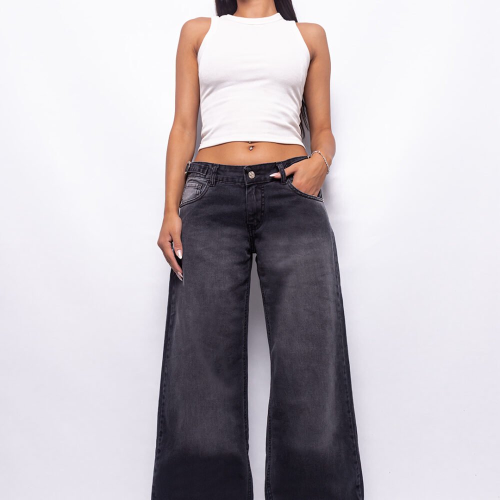 Wide Leg Tiro Bajo Negro Doble Stone Localizado con Hebillas Ruedo Normal