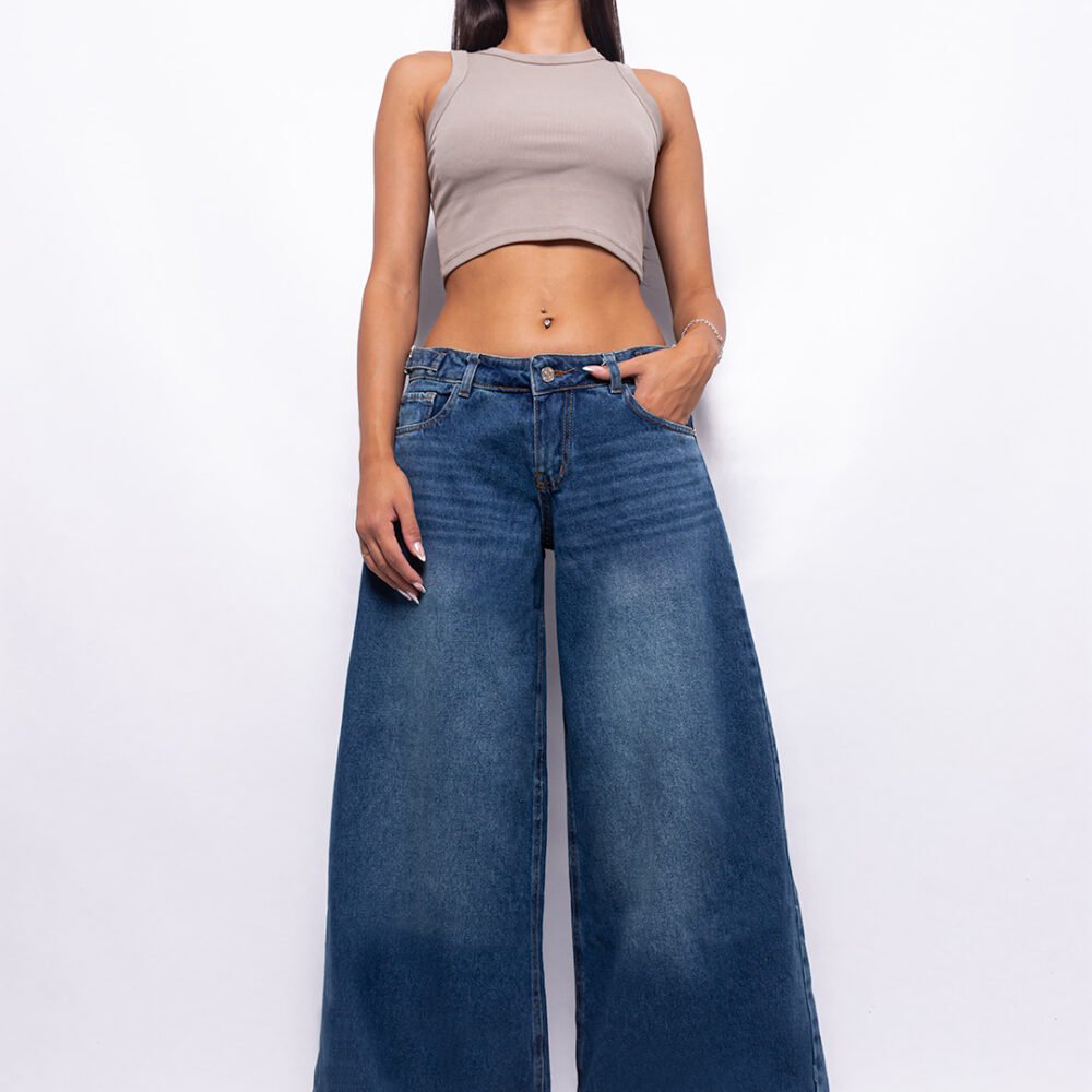 Super Wide Leg Rígido Tiro Bajo Azul Matizado con Hebillas Ruedo Normal
