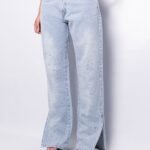 Jean recto CELESTE nevado HOT FIX lateral con tajo ruedo normal