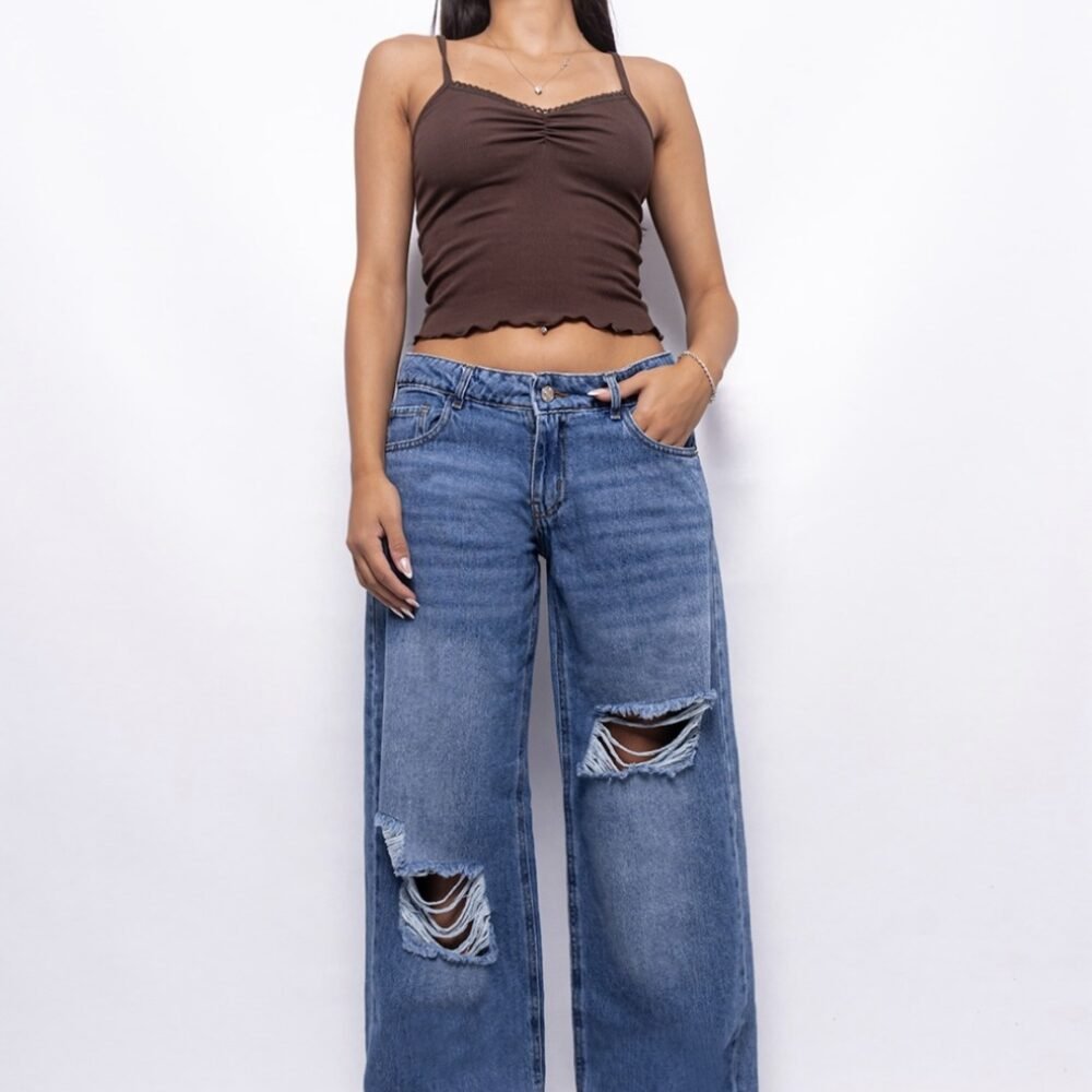 Wide Leg Tiro Bajo Azul Localizado con Roturas y Bigotes Ruedo Normal